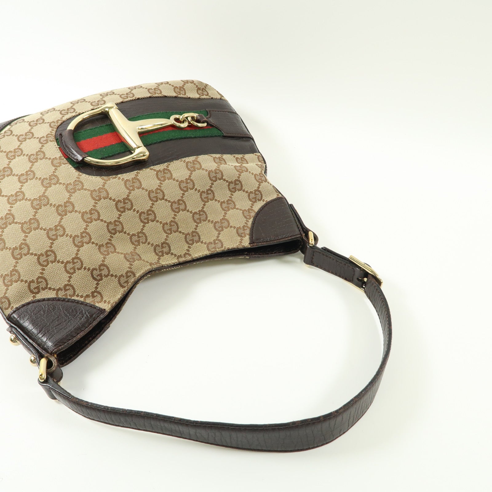 GUCCI 帆布Horsebit Bag金扣肩背袋啡色