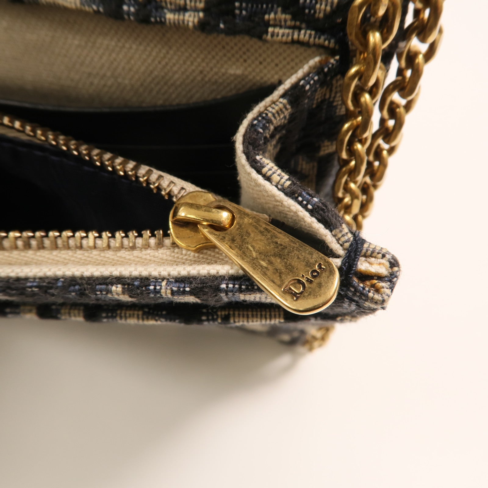 Dior 帆布Oblique Jacquard Saddle Chain Shoulder金扣鏈帶肩背袋