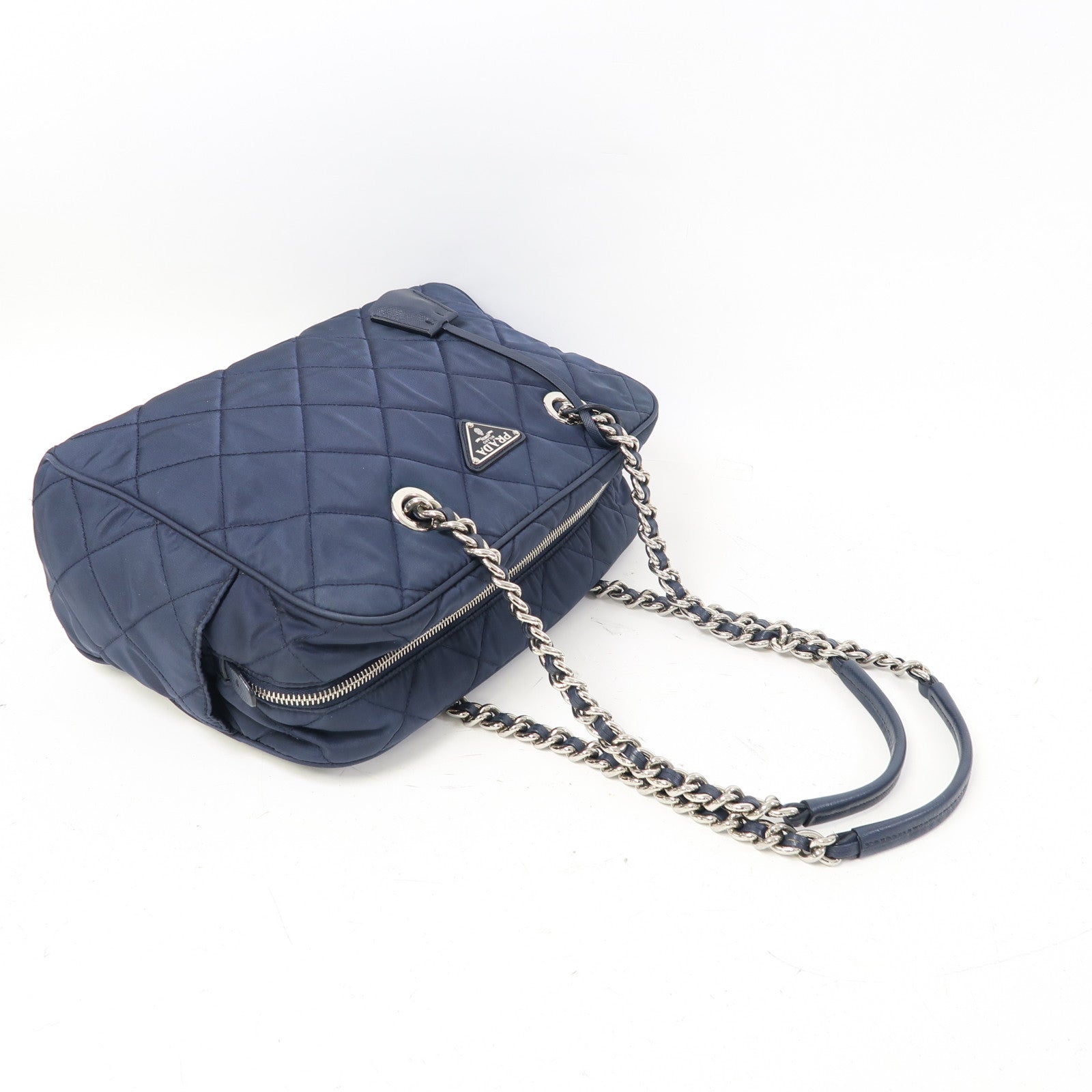 PRADA 尼龍Shoulder Bag銀扣鏈帶肩背袋藍色