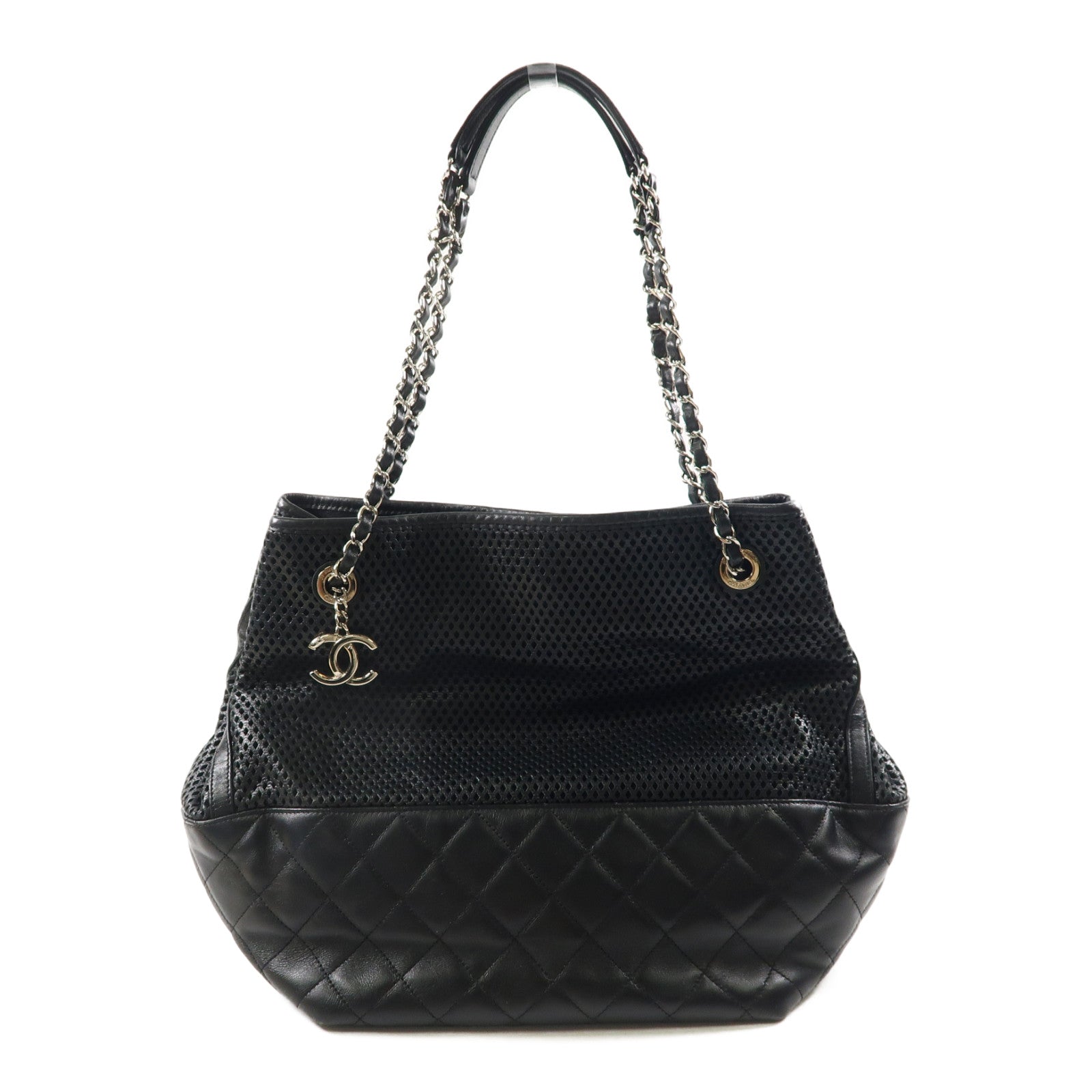 CHANEL 羊皮皮革Chain Shoulder Tote銀扣肩背袋/手挽袋黑色
