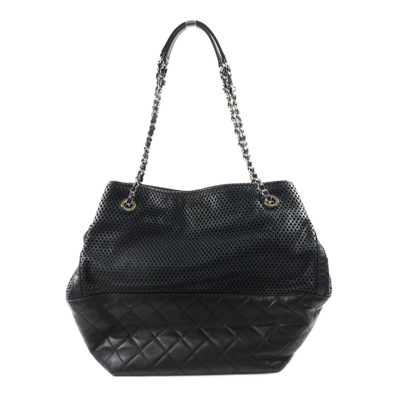 CHANEL 羊皮皮革Chain Shoulder Tote銀扣肩背袋/手挽袋黑色