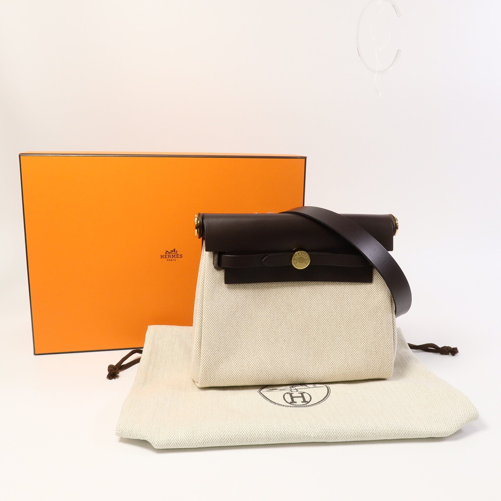HERMES Toile H帆布Mini Herbag肩背袋Ebene