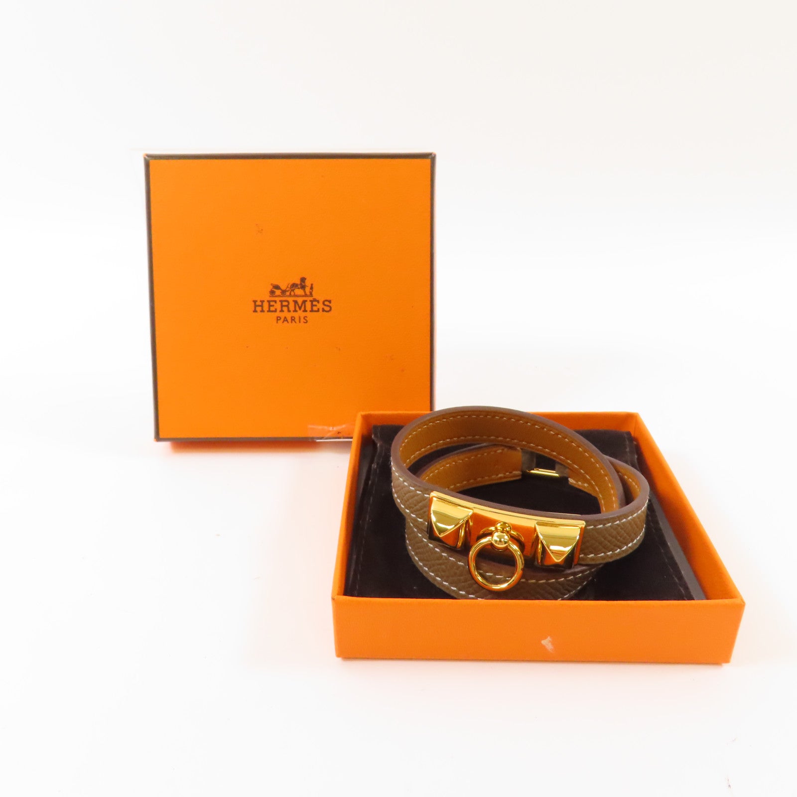 HERMES Epsom皮革Rivale Double Tour金扣手鐲Etoupe