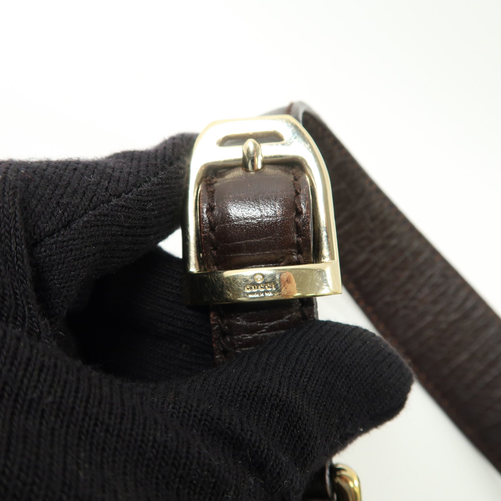 GUCCI 帆布Horsebit Bag金扣肩背袋啡色