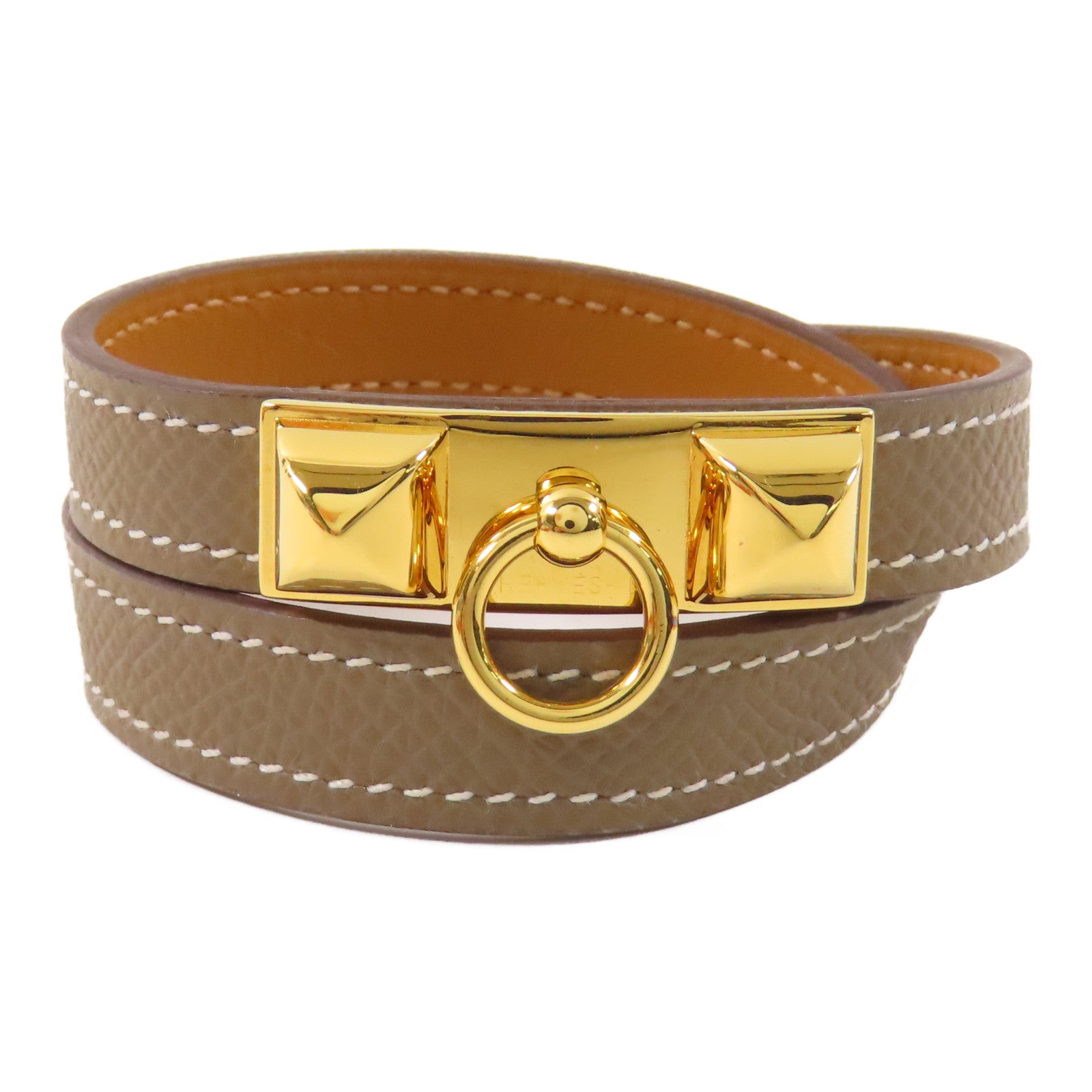 HERMES Epsom皮革Rivale Double Tour金扣手鐲Etoupe