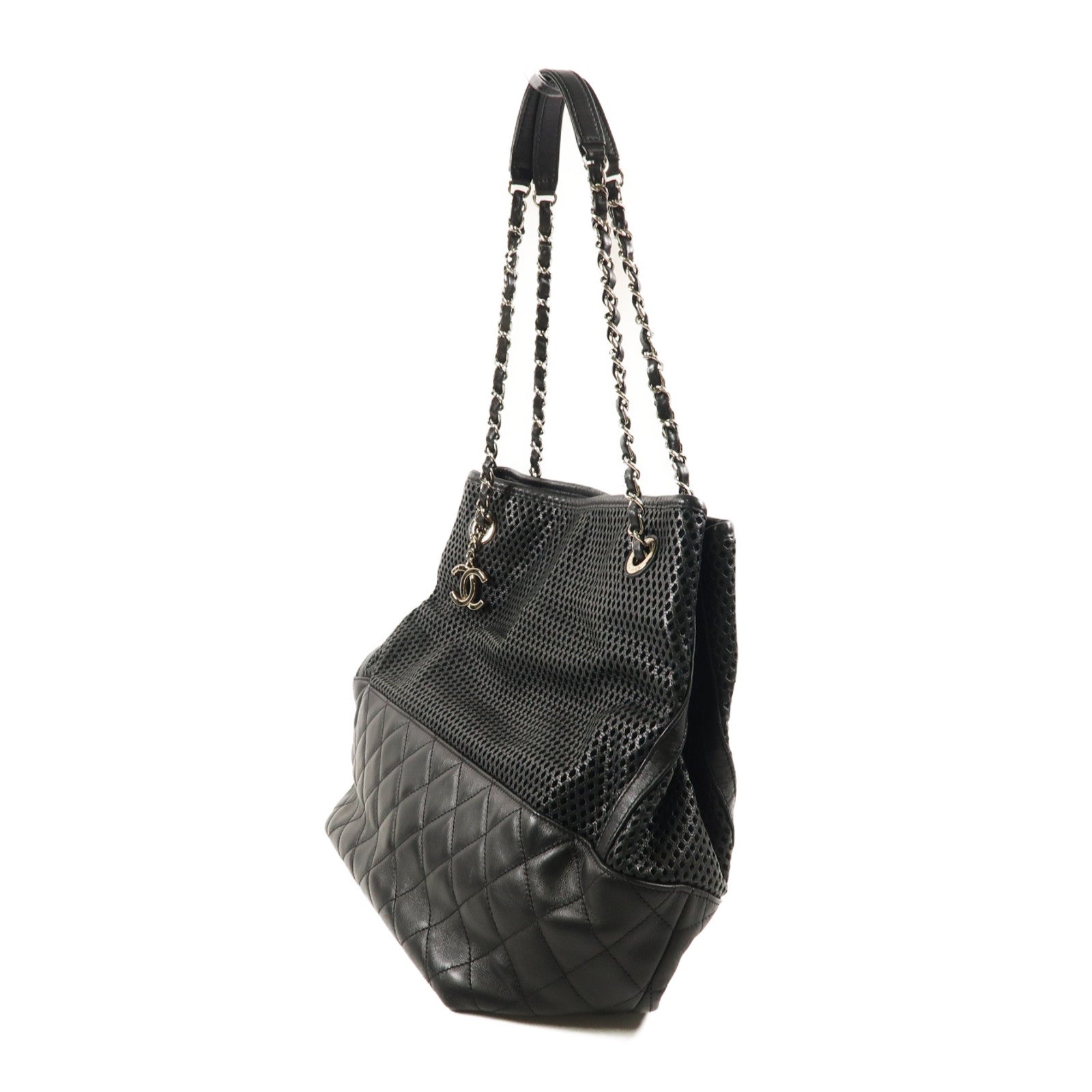 CHANEL 羊皮皮革Chain Shoulder Tote銀扣肩背袋/手挽袋黑色