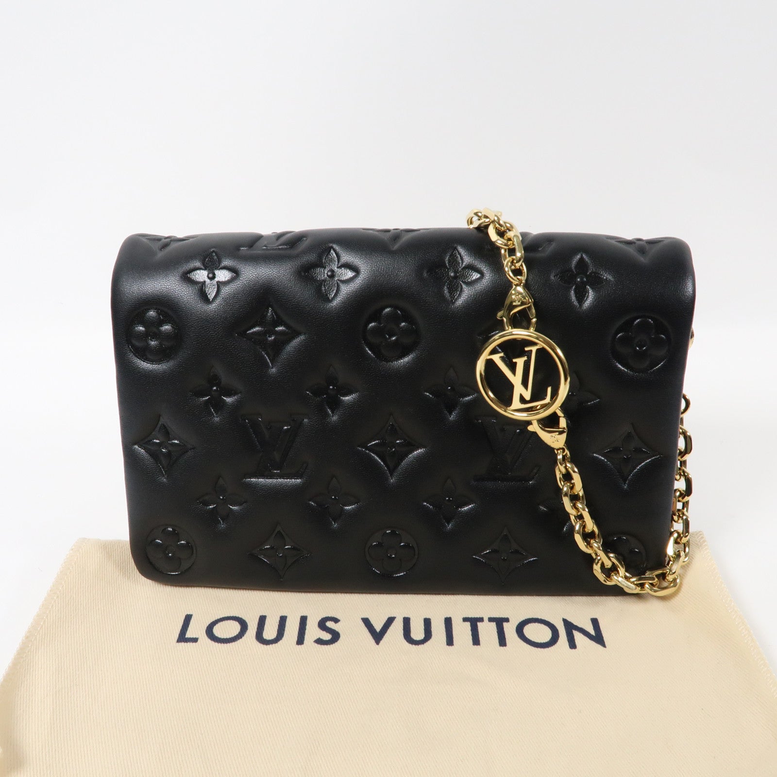 LOUIS VUITTON Monogram Embossed Pochette Coussin金扣鏈帶肩背袋黑色