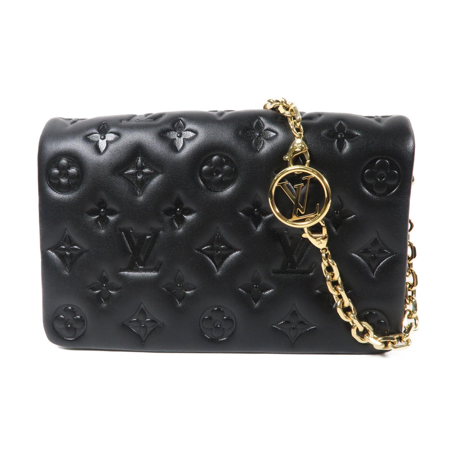 LOUIS VUITTON Monogram Embossed Pochette Coussin金扣鏈帶肩背袋黑色