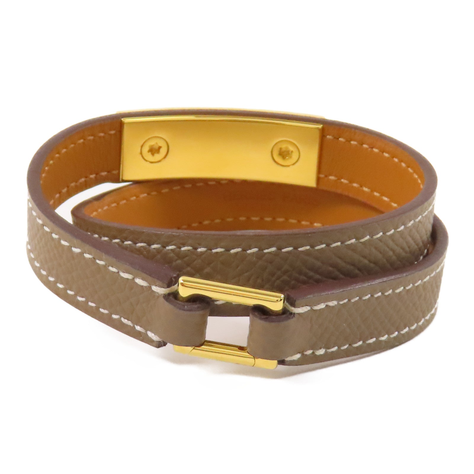 HERMES Epsom皮革Rivale Double Tour金扣手鐲Etoupe