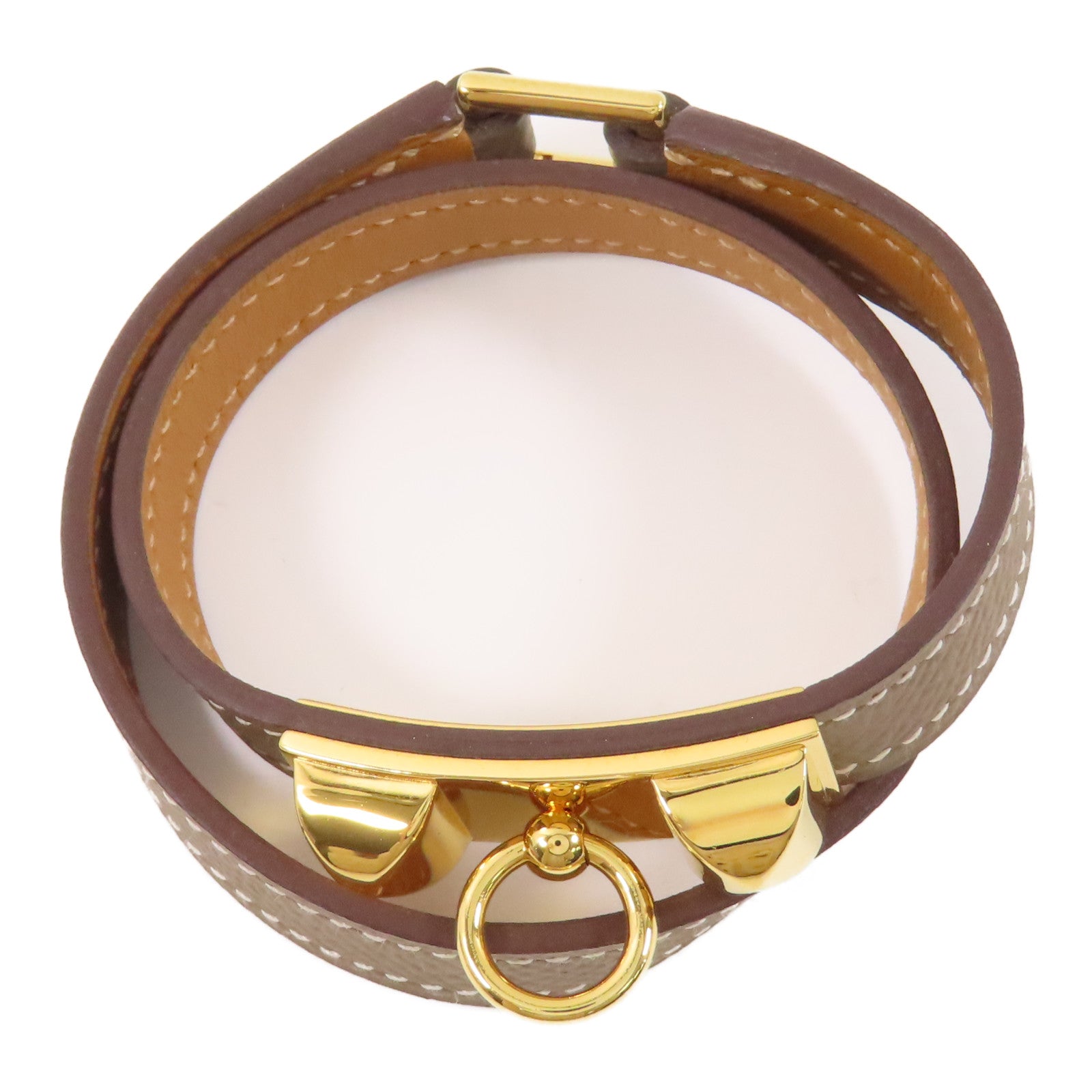 HERMES Epsom皮革Rivale Double Tour金扣手鐲Etoupe