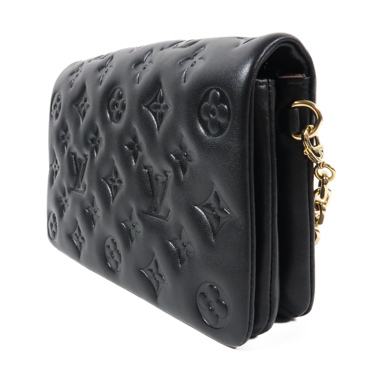 LOUIS VUITTON Monogram Embossed Pochette Coussin金扣鏈帶肩背袋黑色