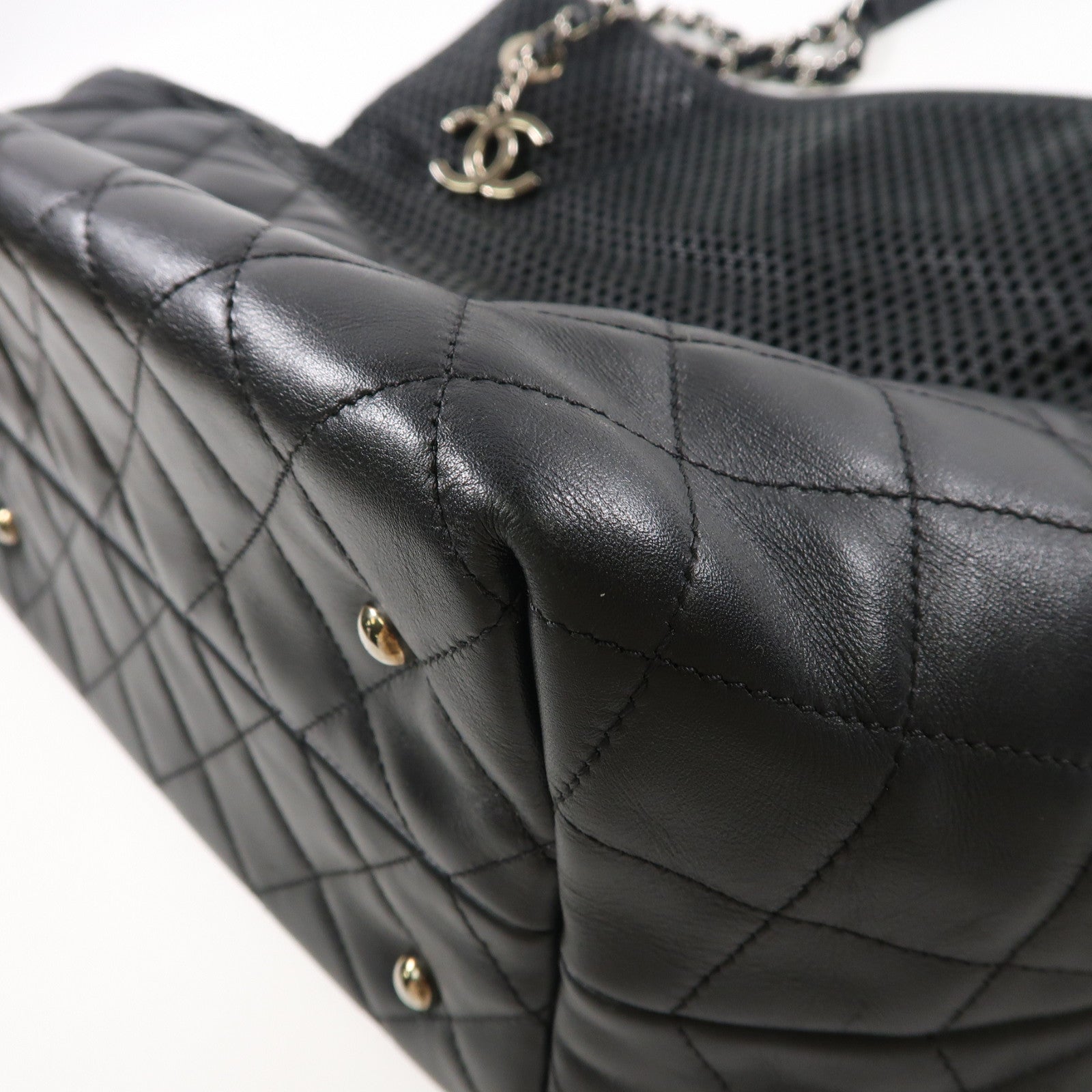 CHANEL 羊皮皮革Chain Shoulder Tote銀扣肩背袋/手挽袋黑色