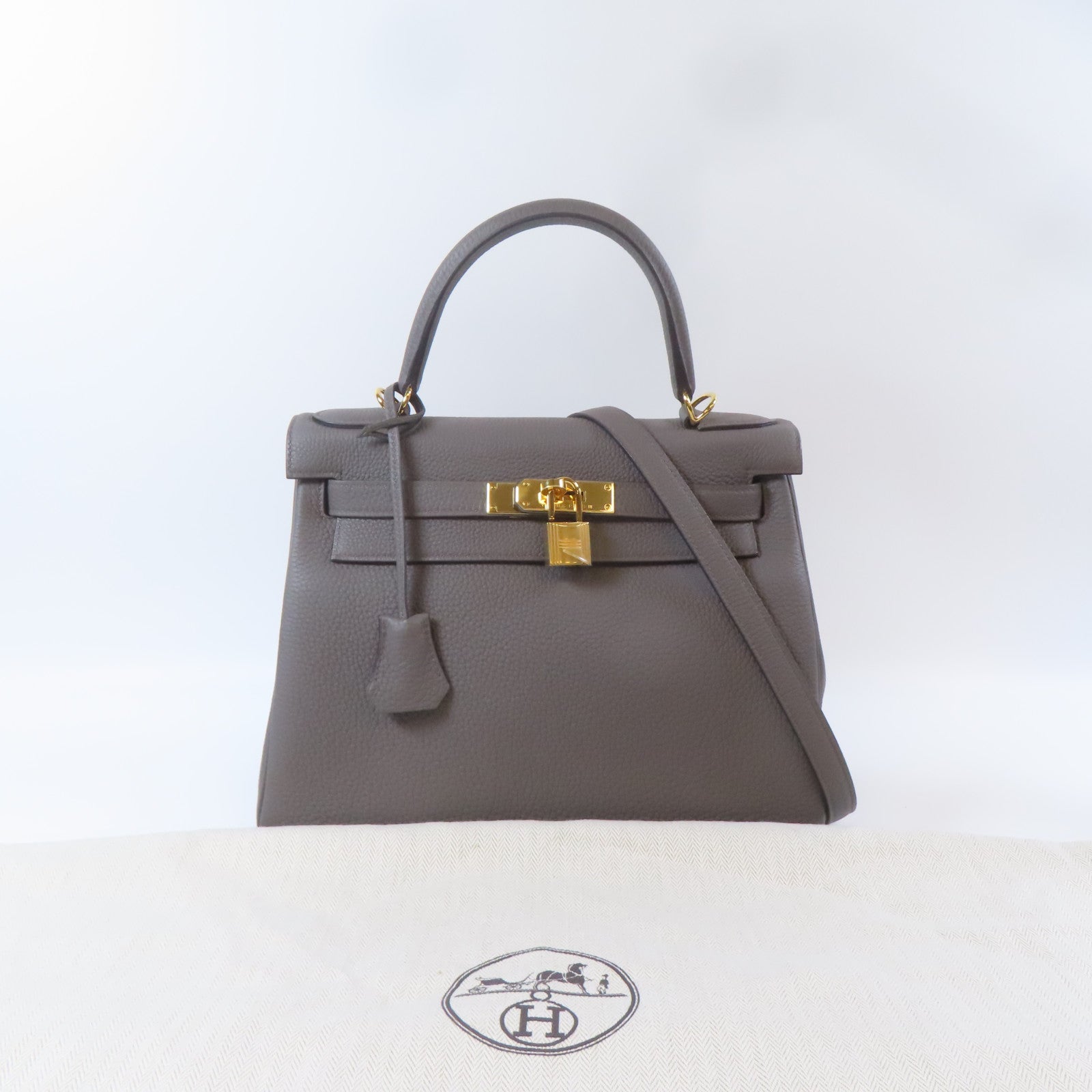 HERMES Clemence皮革Kelly28金扣手挽肩背兩用袋Etain/灰色– Brand Off