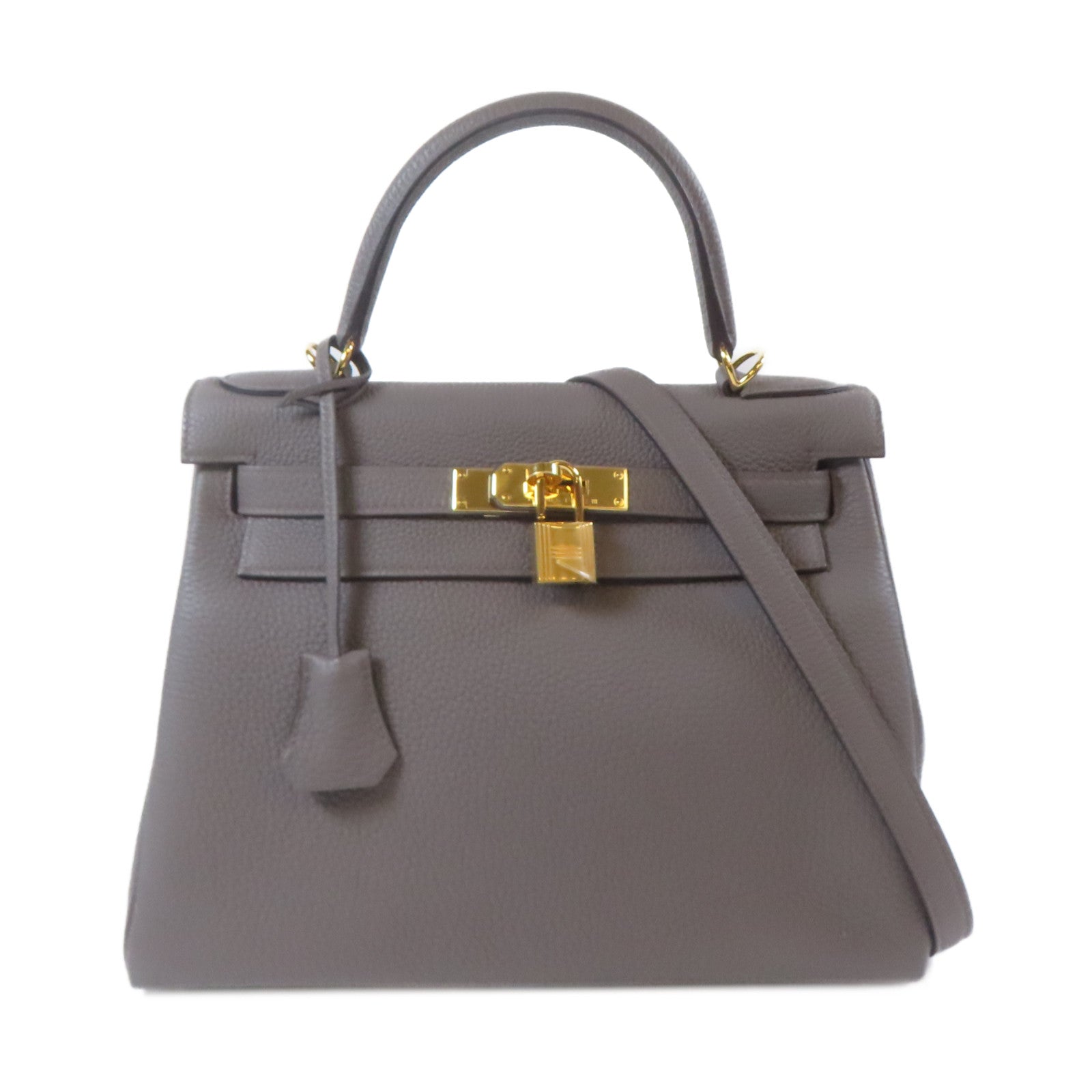 HERMES Clemence皮革Kelly28金扣手挽肩背兩用袋Etain/灰色