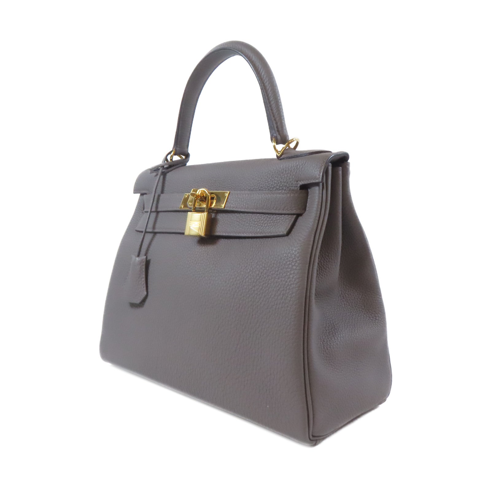 HERMES Clemence皮革Kelly28金扣手挽肩背兩用袋Etain/灰色