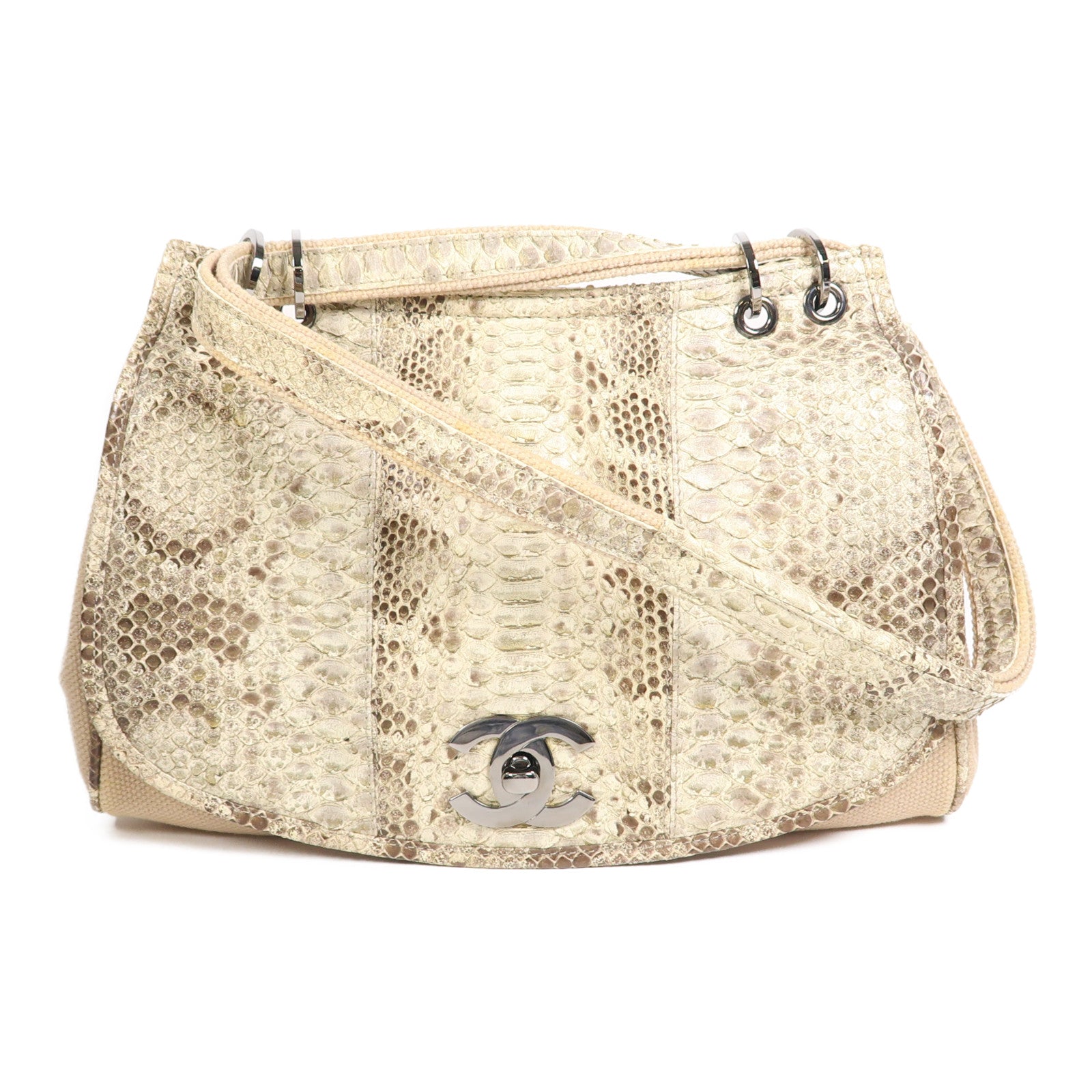 CHANEL 【激減優惠】蛇皮皮革/帆布Shoulder Bag銀扣肩背袋