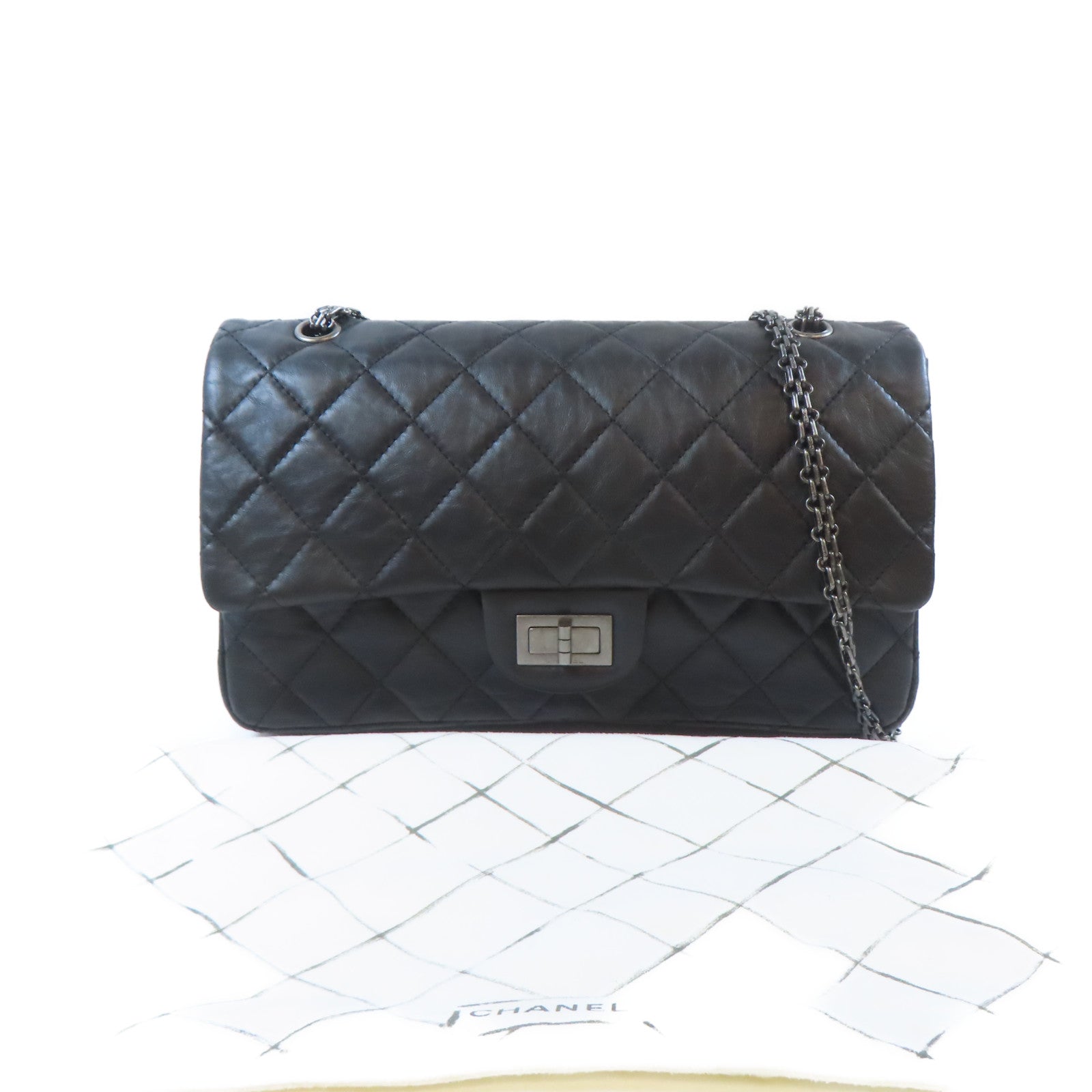CHANEL 菱格牛皮皮革2.55 Shoulder Bag鏈帶肩背袋黑色