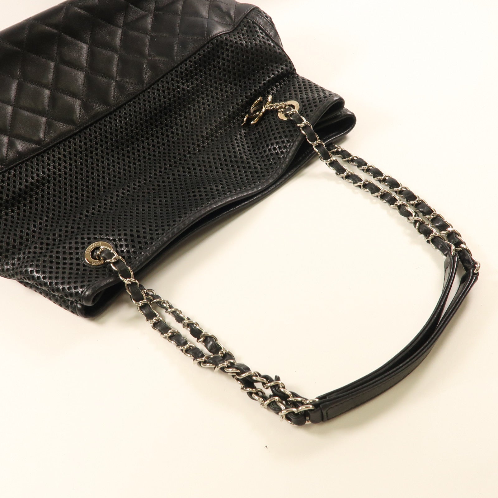 CHANEL 羊皮皮革Chain Shoulder Tote銀扣肩背袋/手挽袋黑色