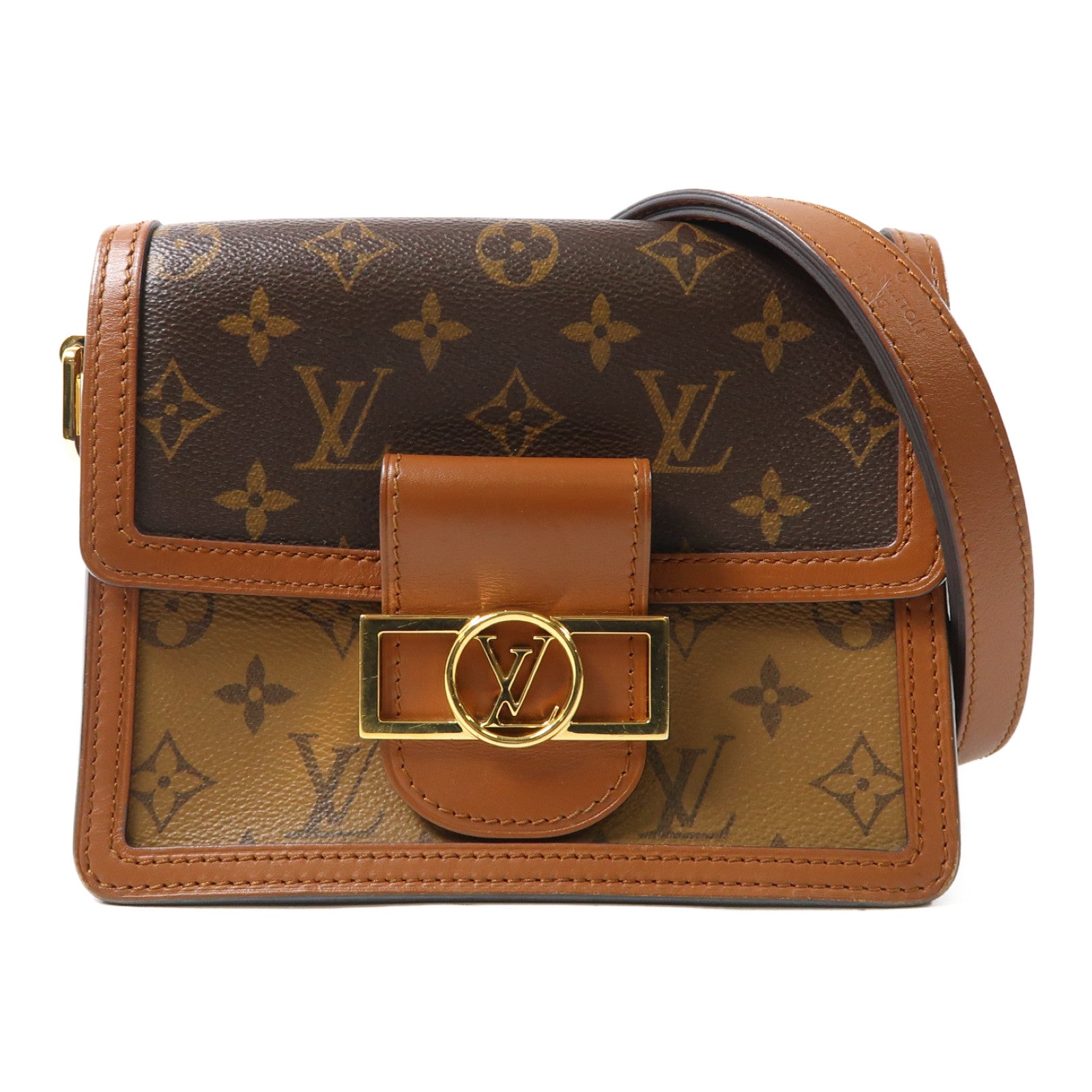 LOUIS VUITTON Monogram Reverse Mini Dauphine金扣肩背袋棕色
