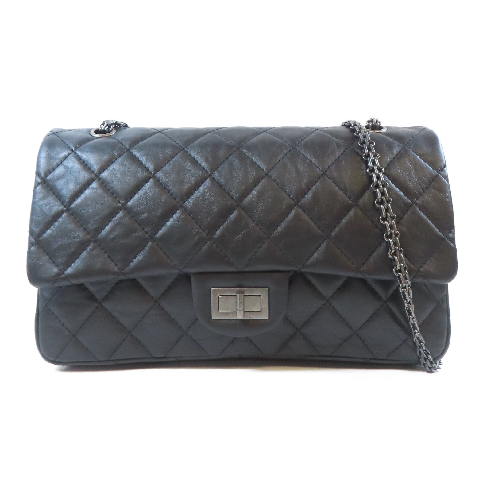 CHANEL 菱格牛皮皮革2.55 Shoulder Bag鏈帶肩背袋黑色