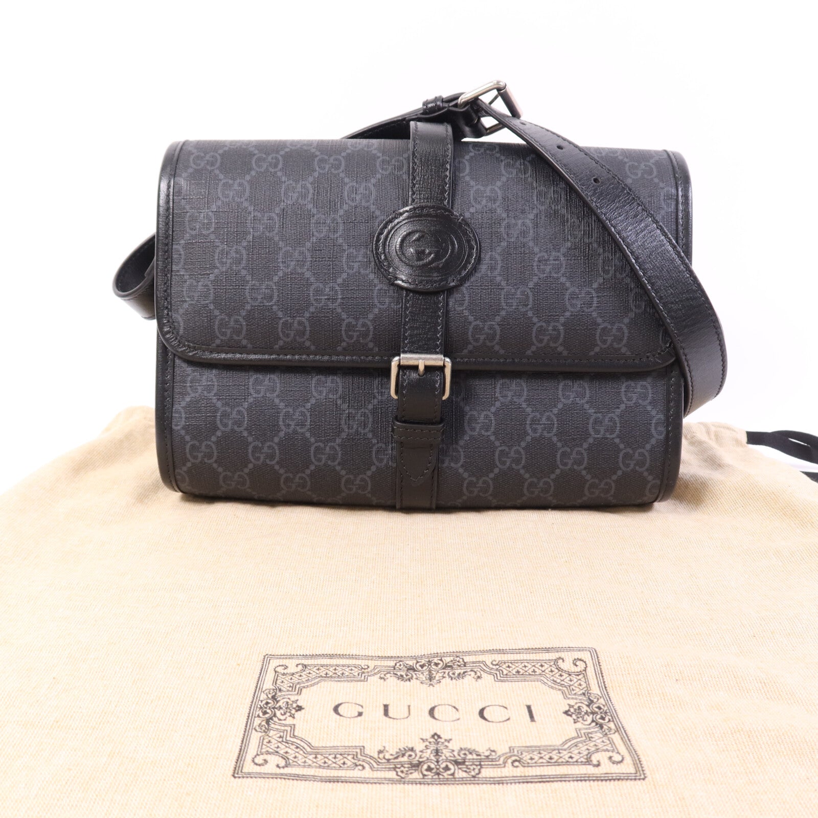 GUCCI 【激減優惠】塗層帆布GG Supreme Interlocking銀扣肩背袋