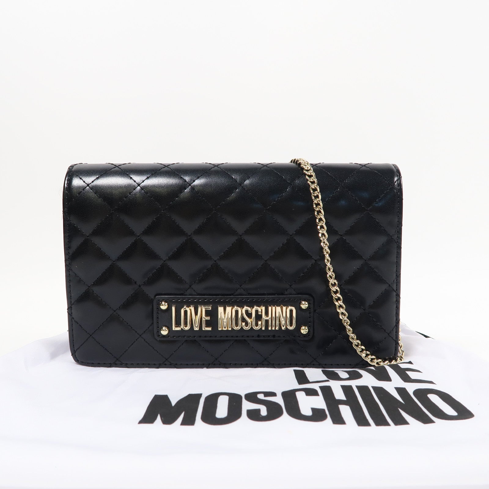 MOSCHINO 【激減優惠】菱格塗層帆布Chain Shoulder金扣鏈帶肩背袋黑色
