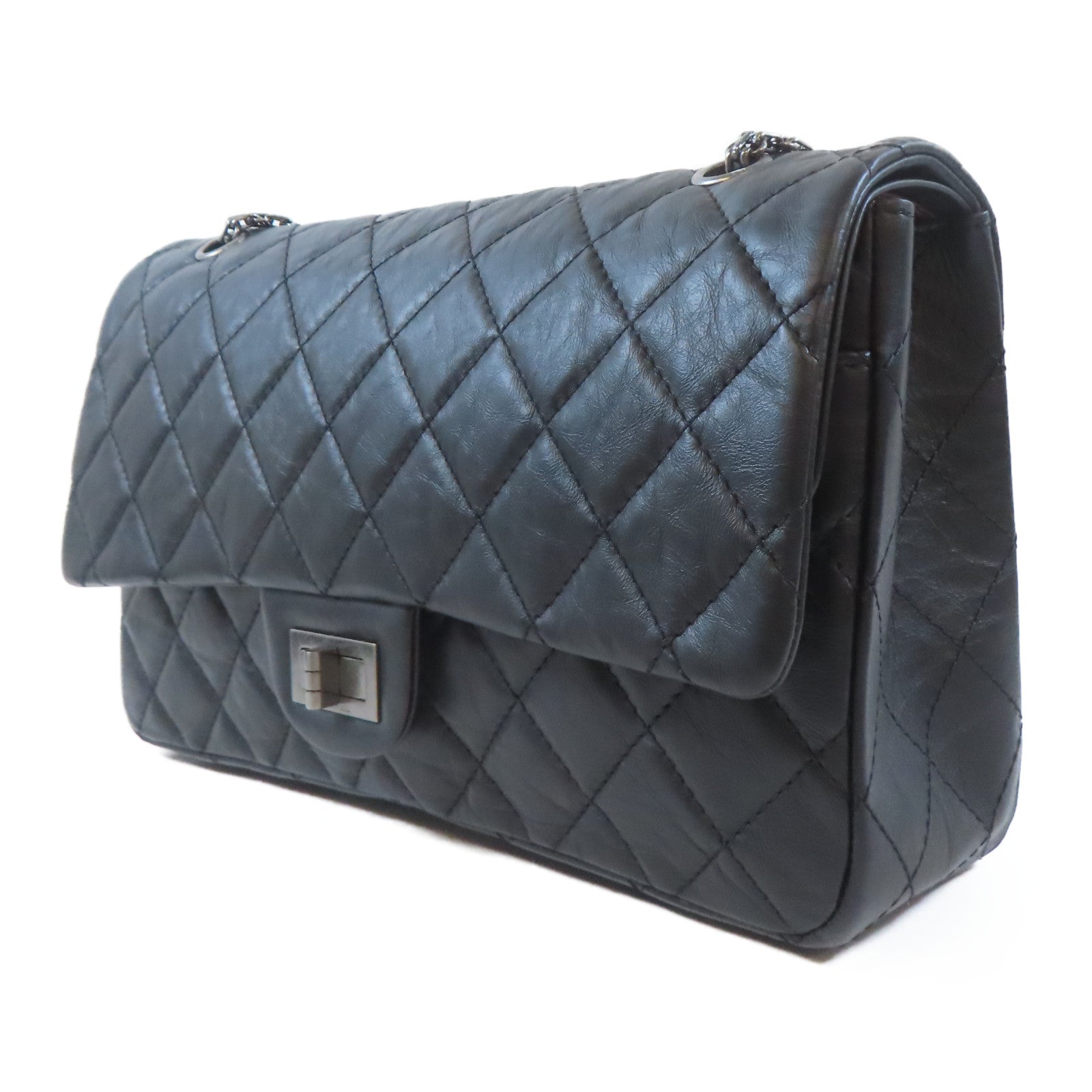 CHANEL 菱格牛皮皮革2.55 Shoulder Bag鏈帶肩背袋黑色