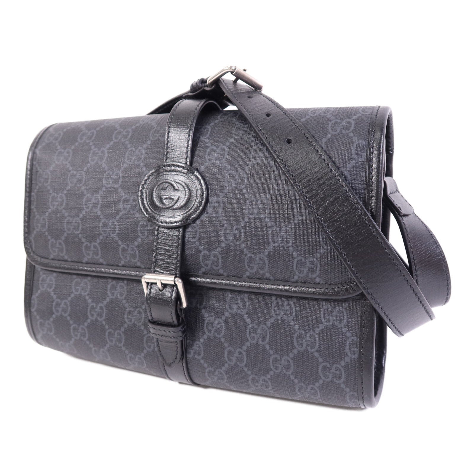 GUCCI 【激減優惠】塗層帆布GG Supreme Interlocking銀扣肩背袋