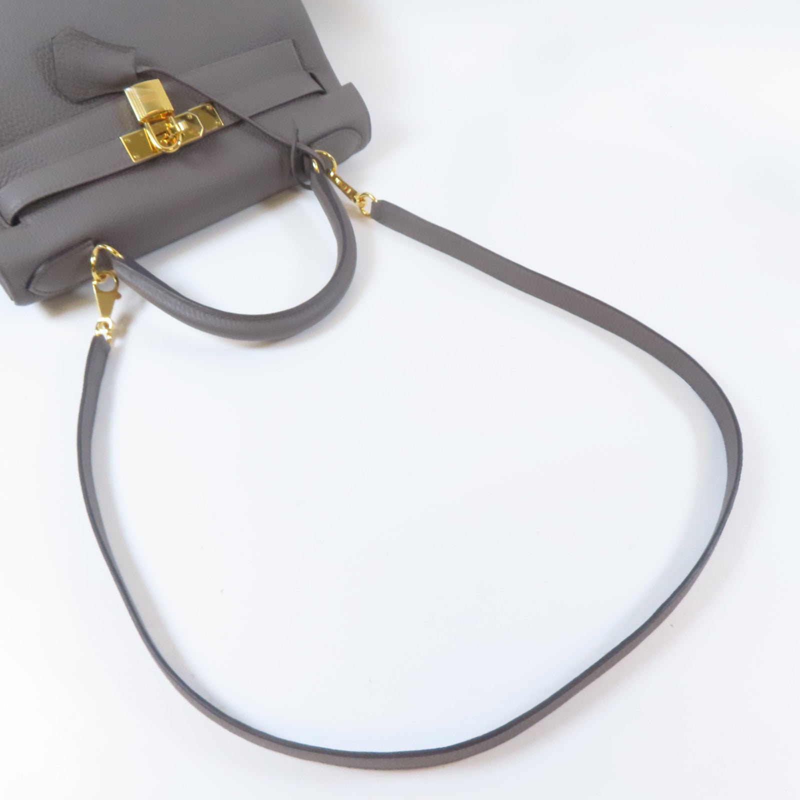 HERMES Clemence皮革Kelly28金扣手挽肩背兩用袋Etain/灰色