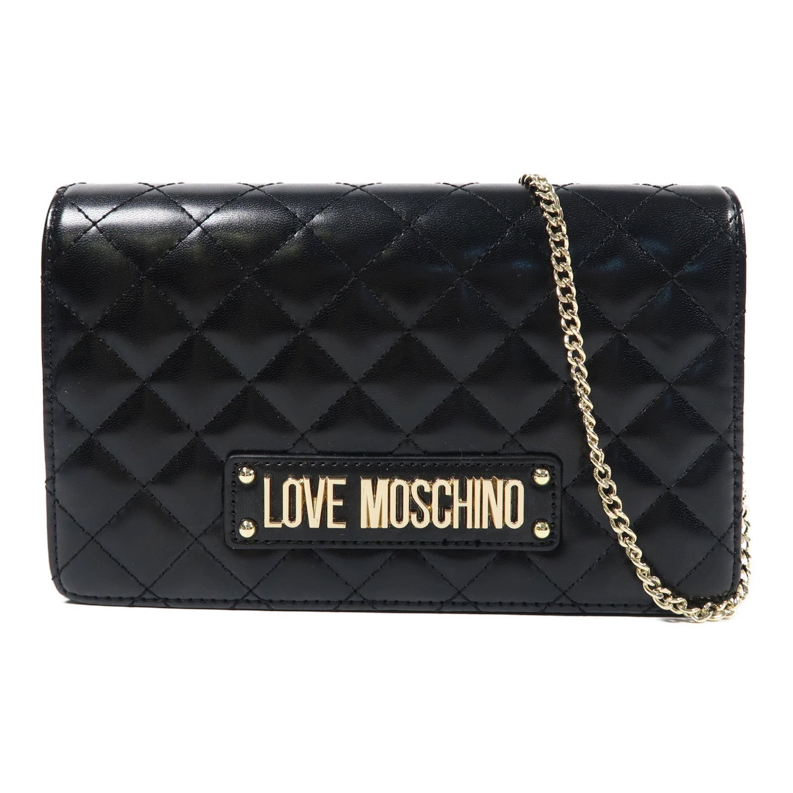 MOSCHINO 【激減優惠】菱格塗層帆布Chain Shoulder金扣鏈帶肩背袋黑色