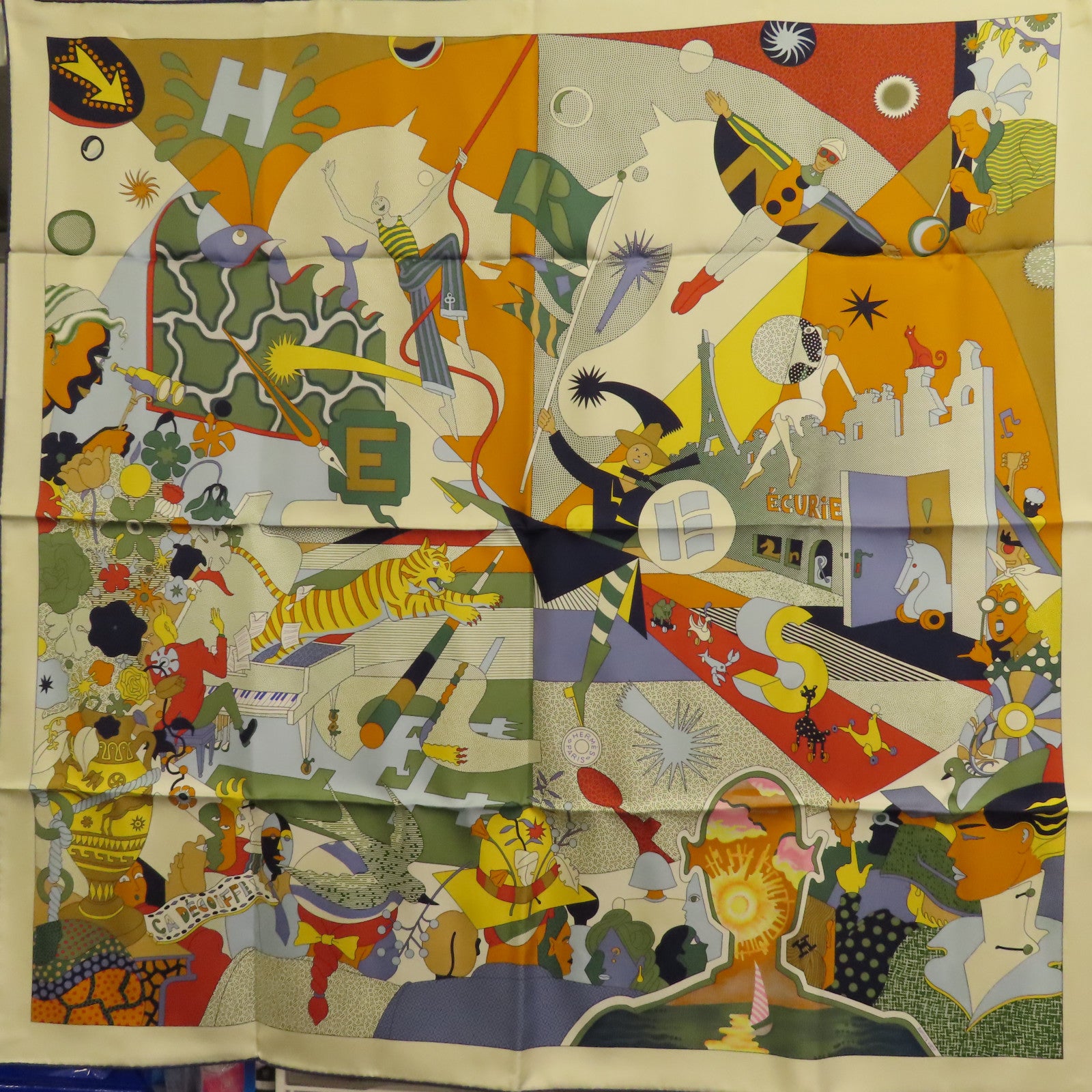 HERMES 絲質Scarf 90x90cm絲巾米色/彩色