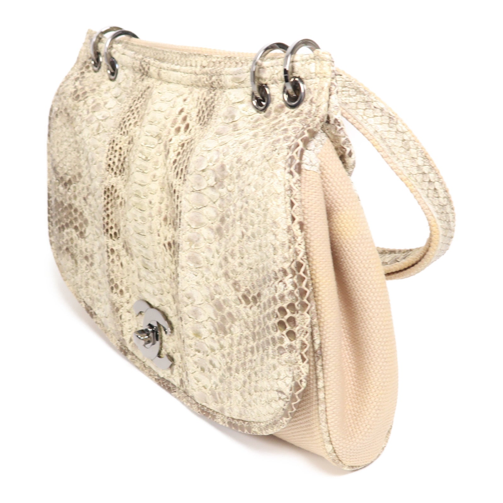 CHANEL 【激減優惠】蛇皮皮革/帆布Shoulder Bag銀扣肩背袋