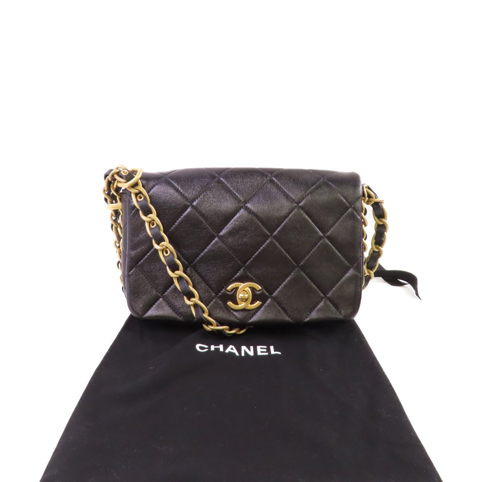 CHANEL 菱格牛皮皮革Chain Shoulder Bag金扣鏈帶肩背袋黑色