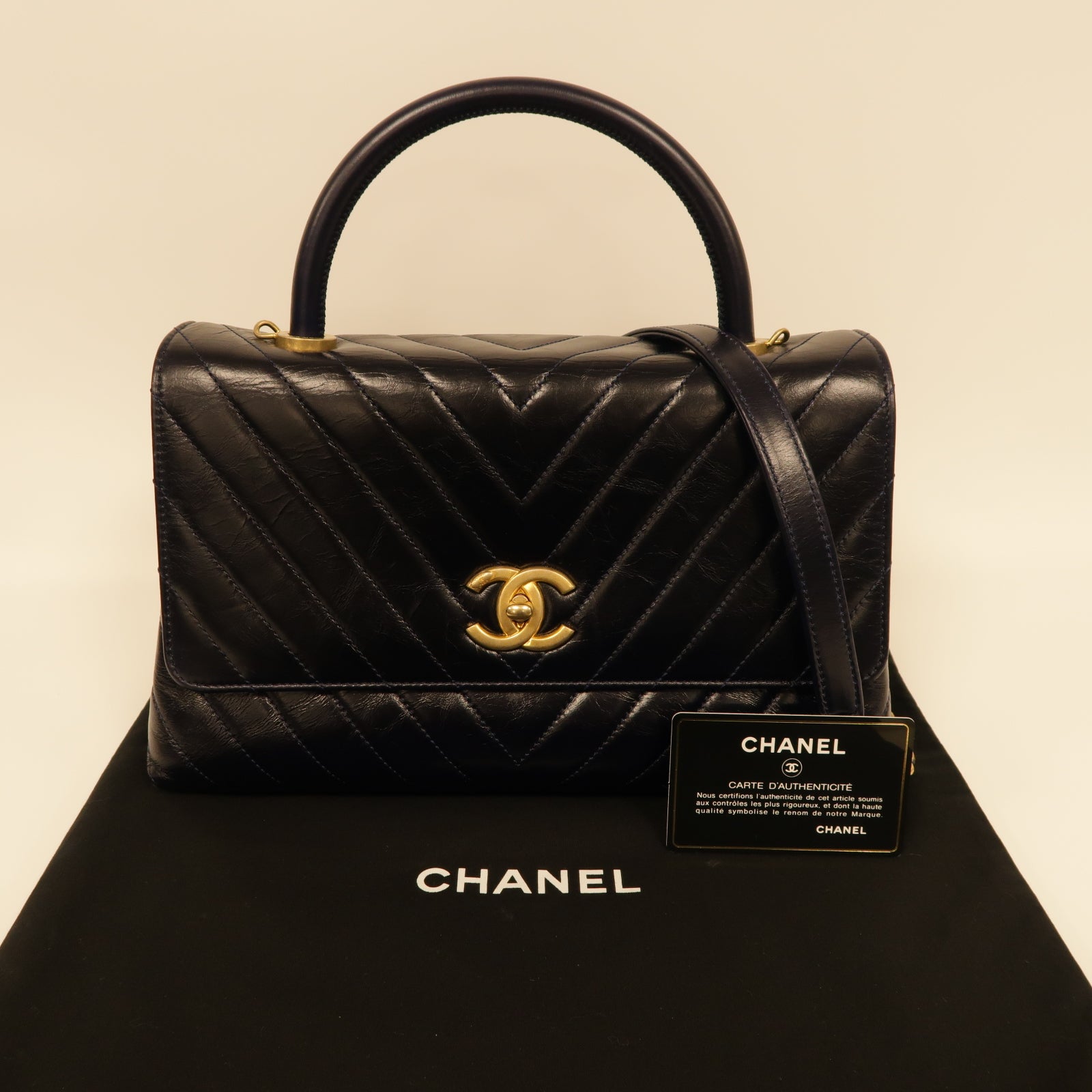 CHANEL **【激減優惠】斜紋Aged Calf皮革Coco Handle金扣手挽肩背兩用袋深藍色