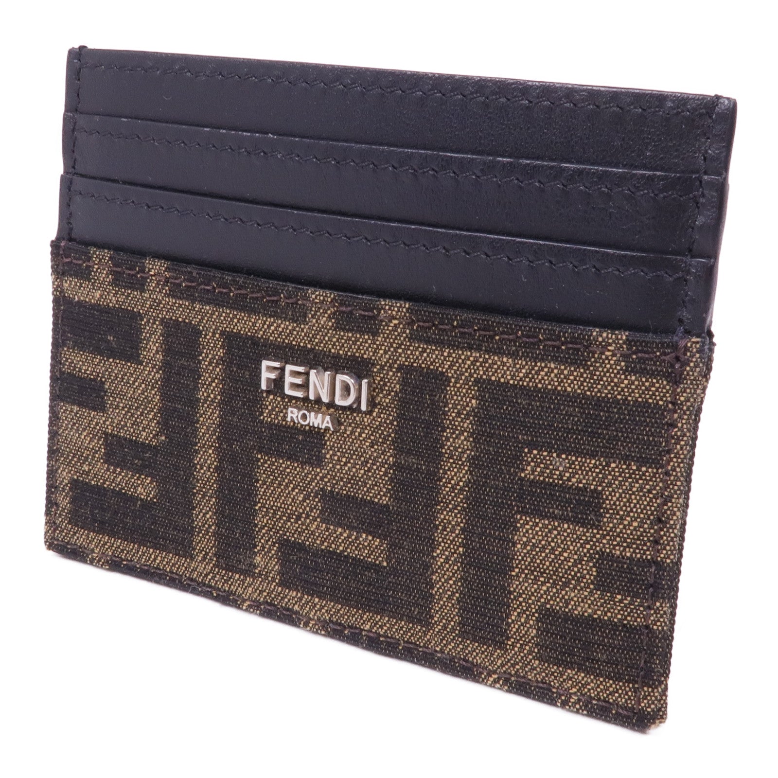 FENDI 牛皮皮革/帆布Card Holder銀扣卡片套