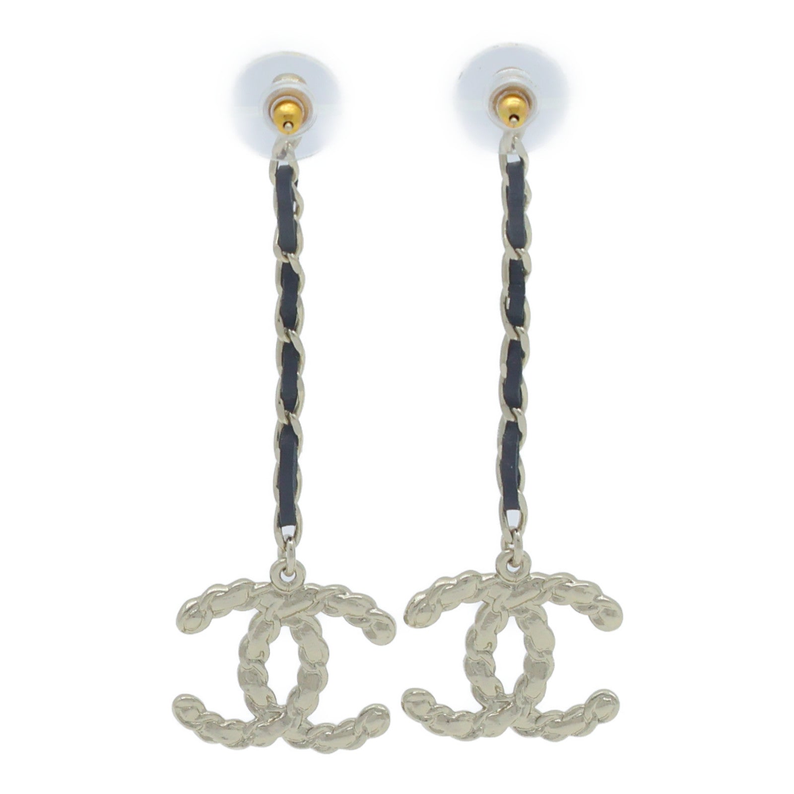 CHANEL 金屬/皮革Earrings耳環金色/黑色