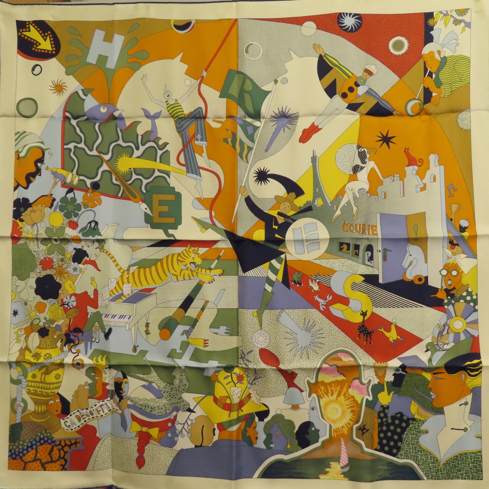 HERMES 絲質Scarf 90x90cm絲巾米色/彩色