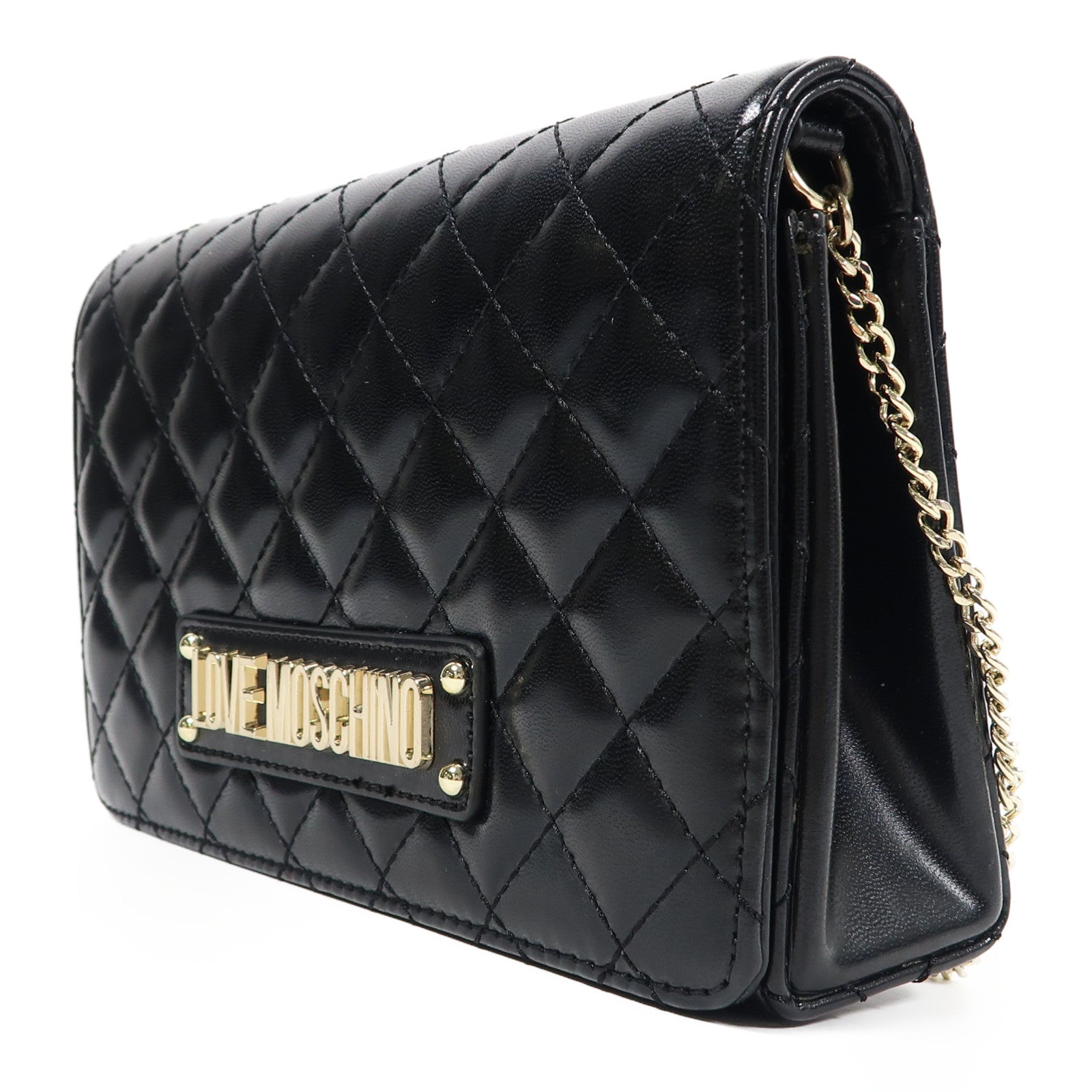 MOSCHINO 【激減優惠】菱格塗層帆布Chain Shoulder金扣鏈帶肩背袋黑色