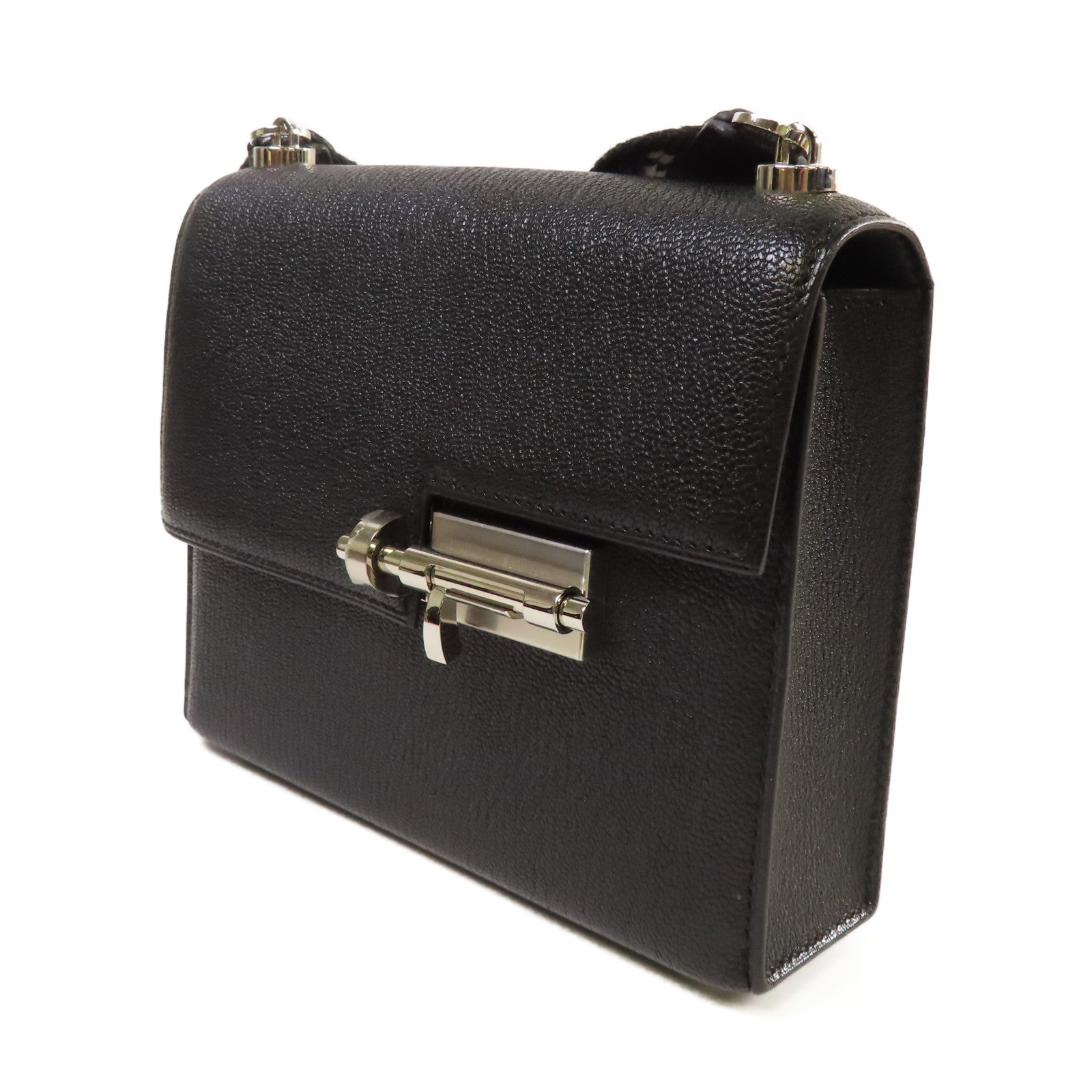 HERMES Chevre皮革Mini Verrou One Shoulder Bag銀扣肩背袋89 Noir黑色