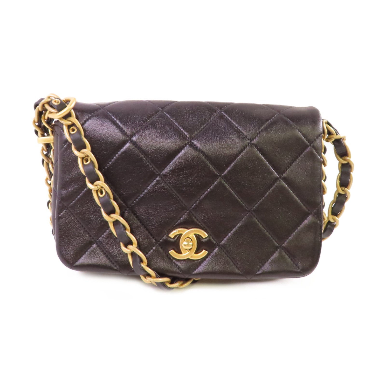 CHANEL 菱格牛皮皮革Chain Shoulder Bag金扣鏈帶肩背袋黑色