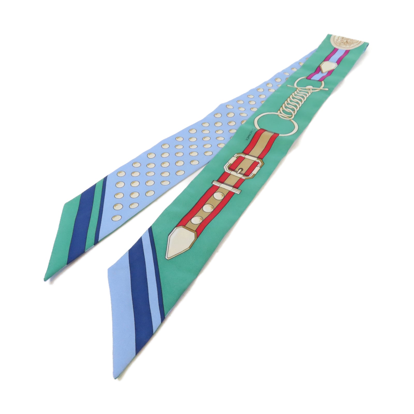HERMES 絲質Twilly絲巾綠色/藍色