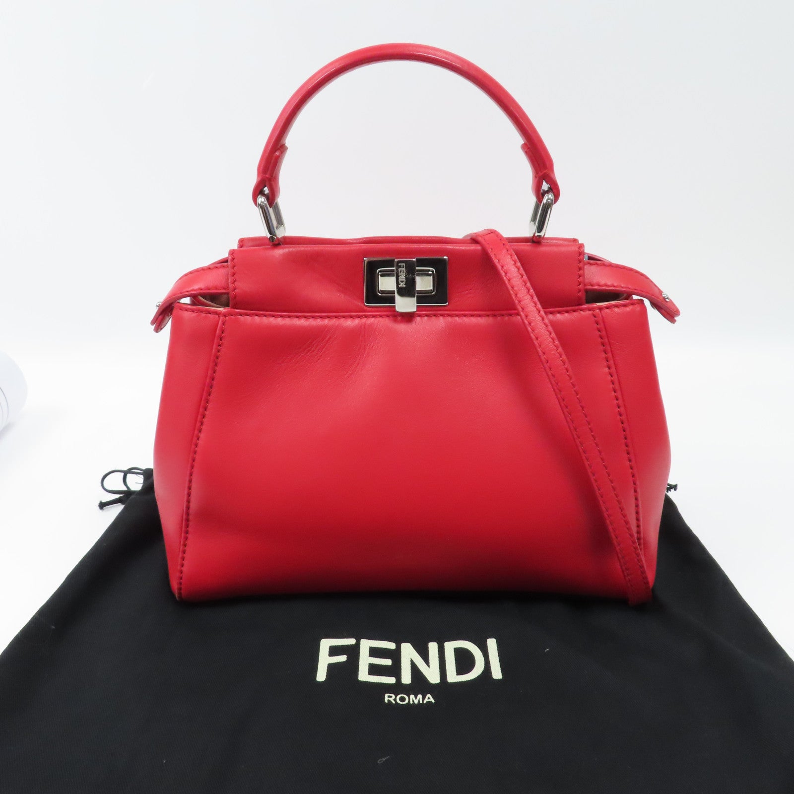 FENDI 羊皮皮革Mini Peekaboo銀扣手挽肩背兩用袋紅色