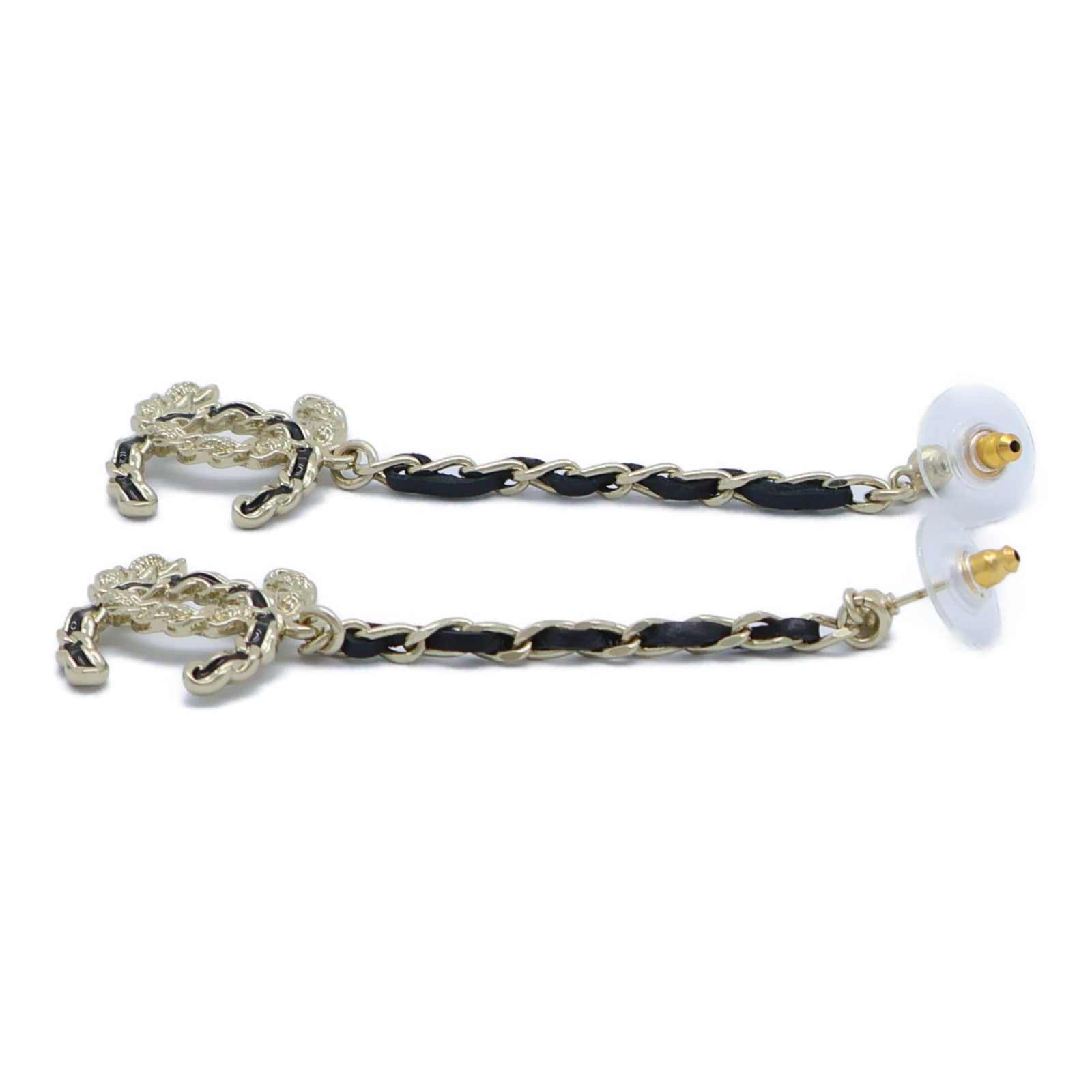 CHANEL 金屬/皮革Earrings耳環金色/黑色