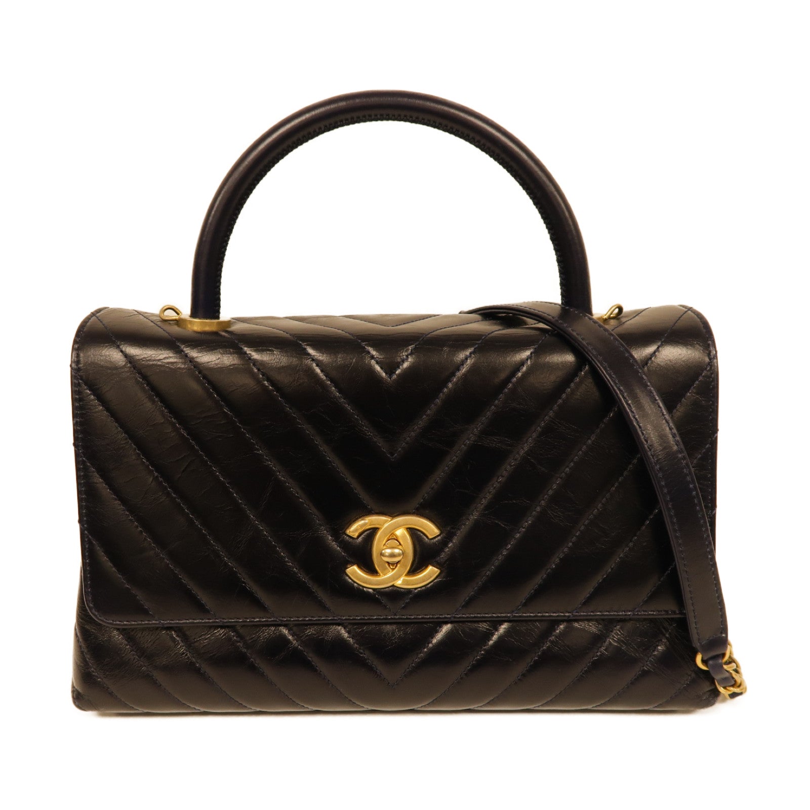 CHANEL **【激減優惠】斜紋Aged Calf皮革Coco Handle金扣手挽肩背兩用袋深藍色