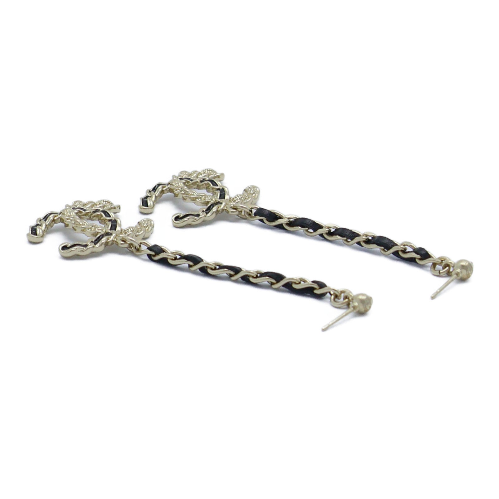 CHANEL 金屬/皮革Earrings耳環金色/黑色