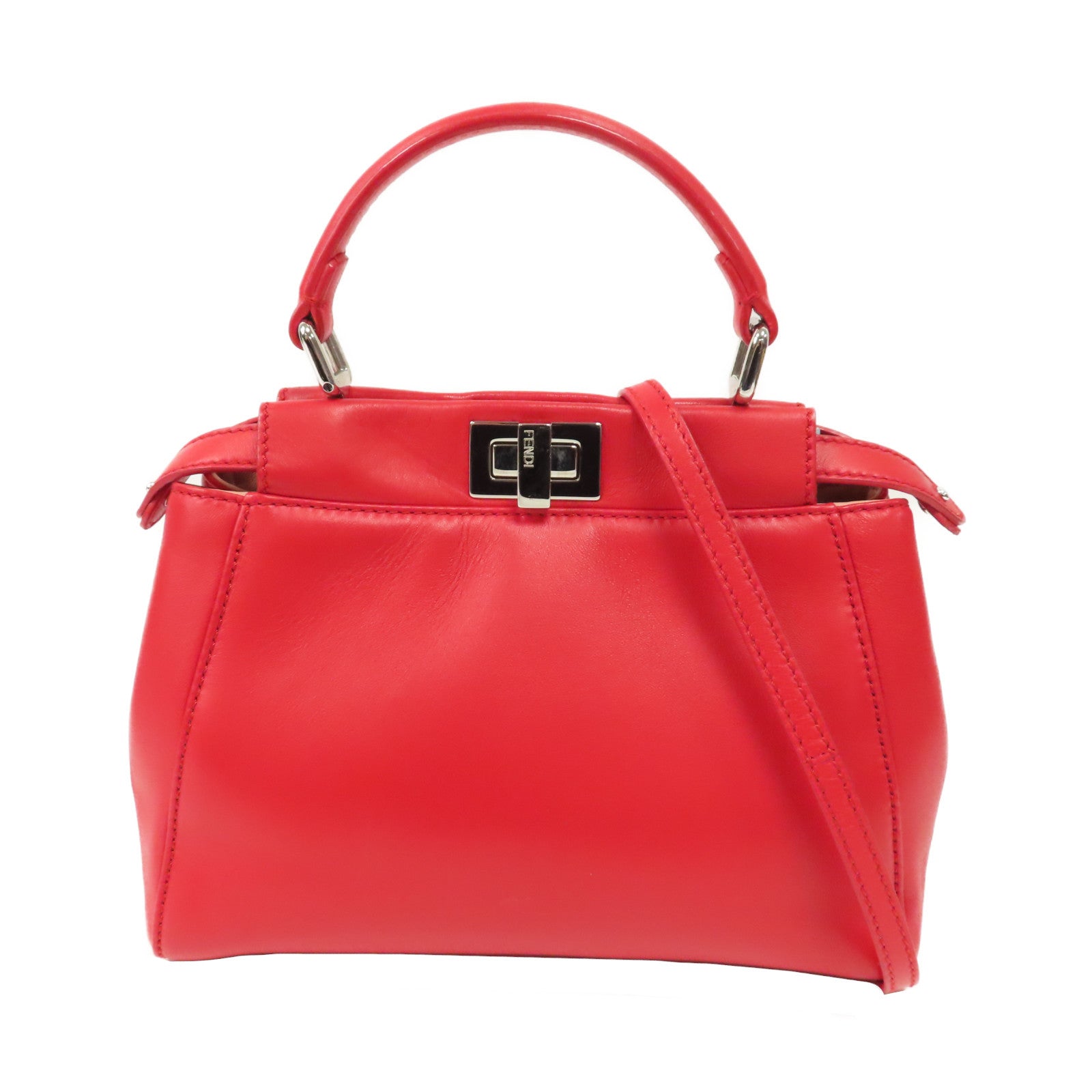 FENDI 羊皮皮革Mini Peekaboo銀扣手挽肩背兩用袋紅色