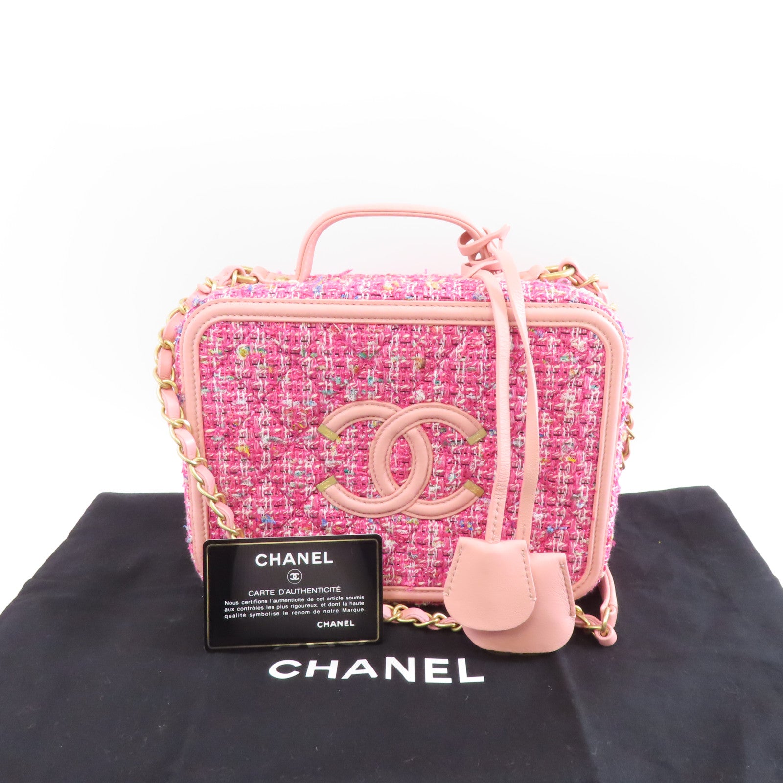 CHANEL 軟呢Vanity Case金扣手挽肩背兩用袋粉紅色