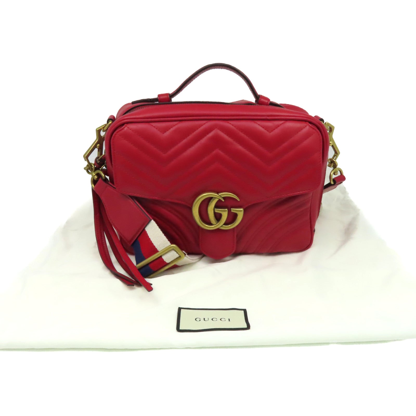 GUCCI **【激減優惠】牛皮皮革GG Marmont 2Way Shoulder Bag金扣鏈帶手挽肩背兩用袋紅色