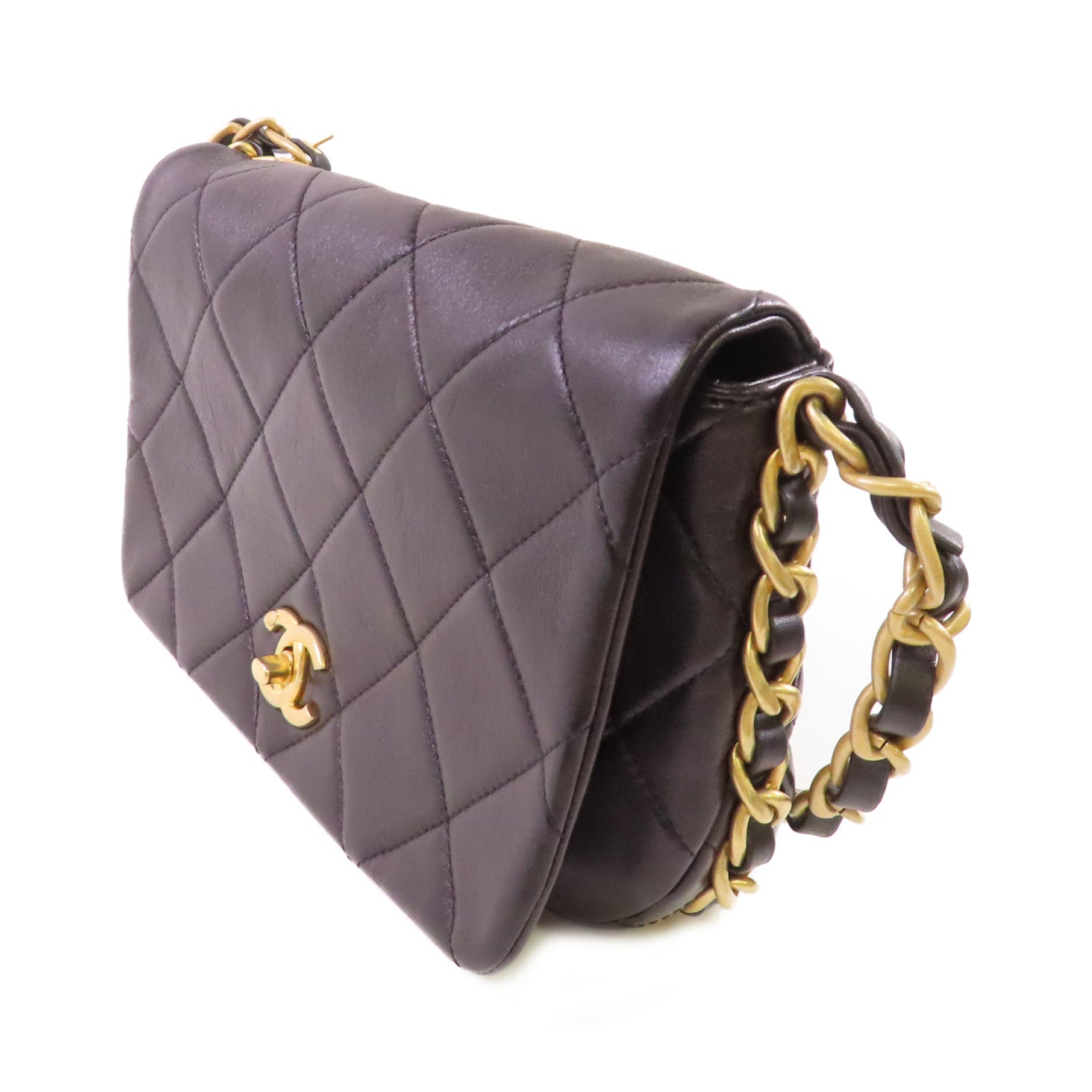 CHANEL 菱格牛皮皮革Chain Shoulder Bag金扣鏈帶肩背袋黑色