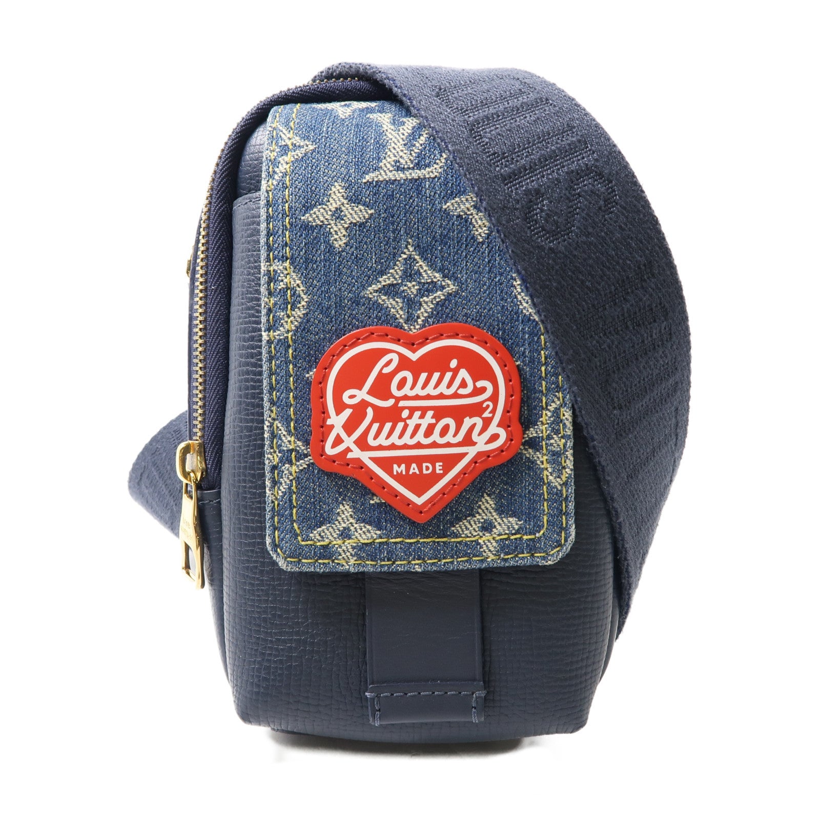 LOUIS VUITTON Monogram Denim/Taurillon x Nigo Flap Double Phone Pouch金扣肩背袋藍色